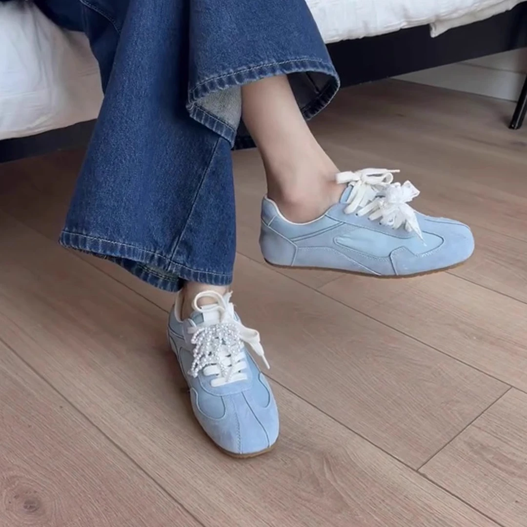 真皮版~芭蕾风蓝色德训鞋女内增高厚底蕾丝系带阿甘鞋休闲运动鞋