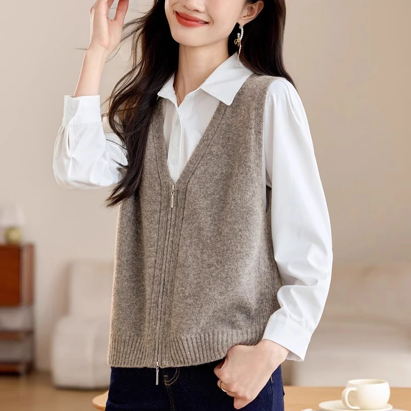 百搭马甲短款宽松春秋无袖纯色针织马夹女装春季时尚拉链V领开衫