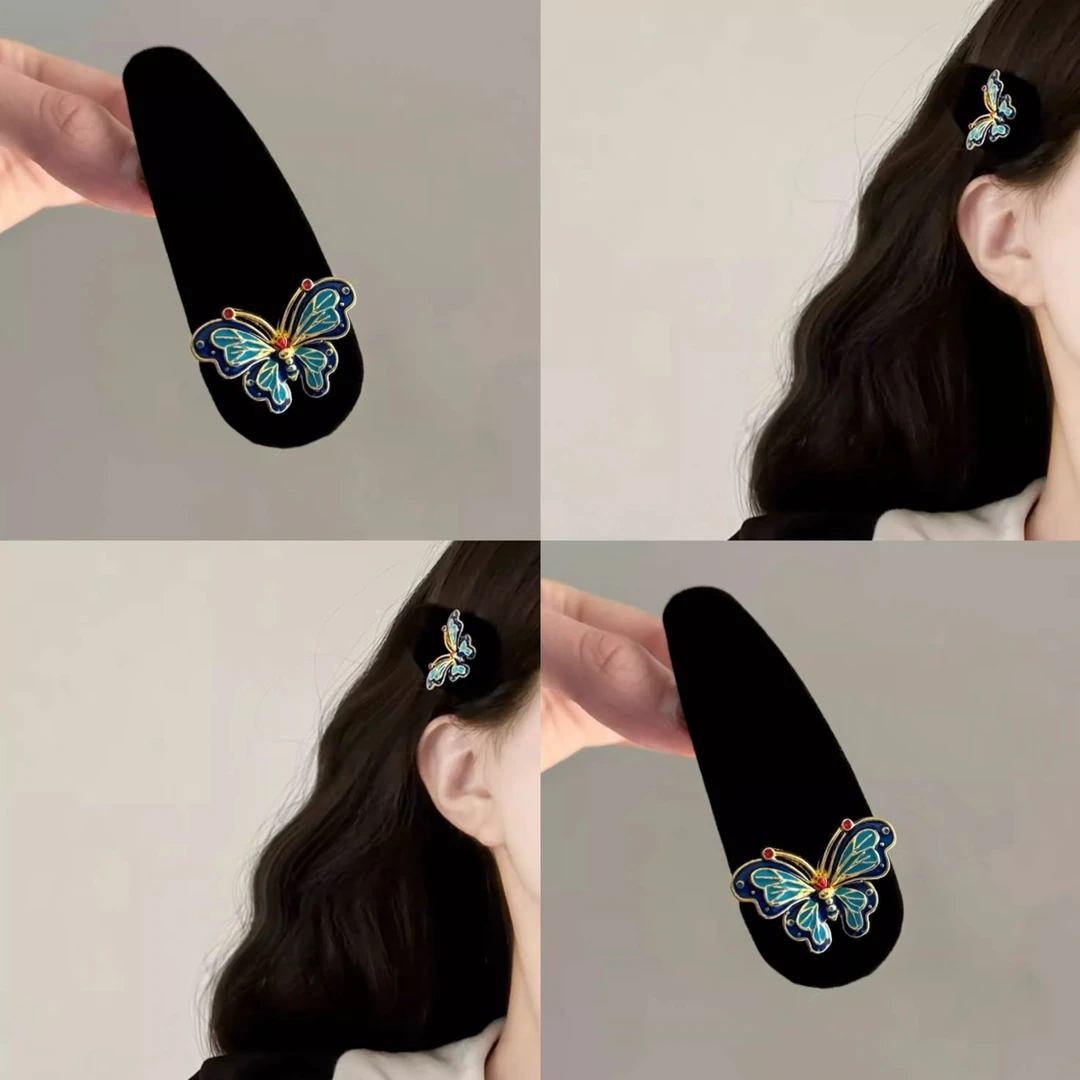 新中式复古高级感丝绒滴油蝴蝶水滴发夹小众设计刘海bb夹发饰