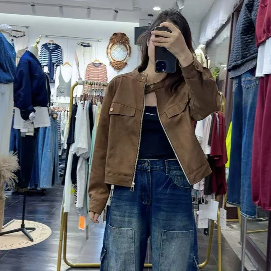 秋季新品短版精致显瘦仿真鹿皮绒外套上衣女气质高档小众设计感潮