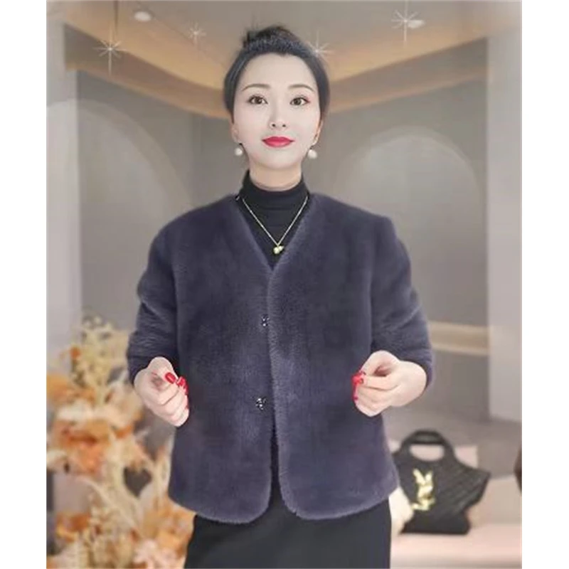 888冬新款仿水貂绒环保皮草年轻短款外套宽松V领皮毛一体大衣女