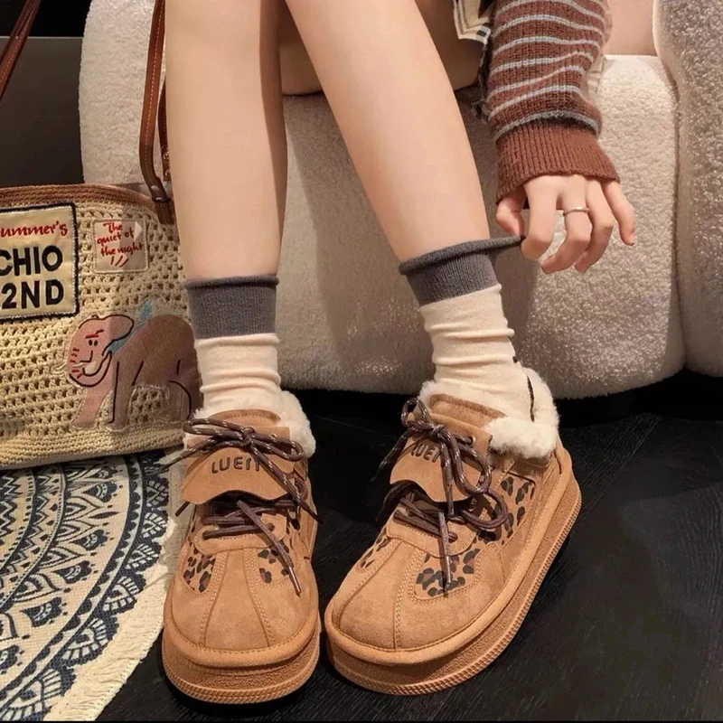 2024百搭平底冬季豹纹德训女鞋新款冬款女鞋厚底时尚加绒