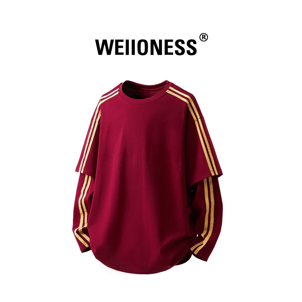 WEIIONESS条纹假两件长袖T恤男春秋季潮牌美式圆领设计感纯棉上衣