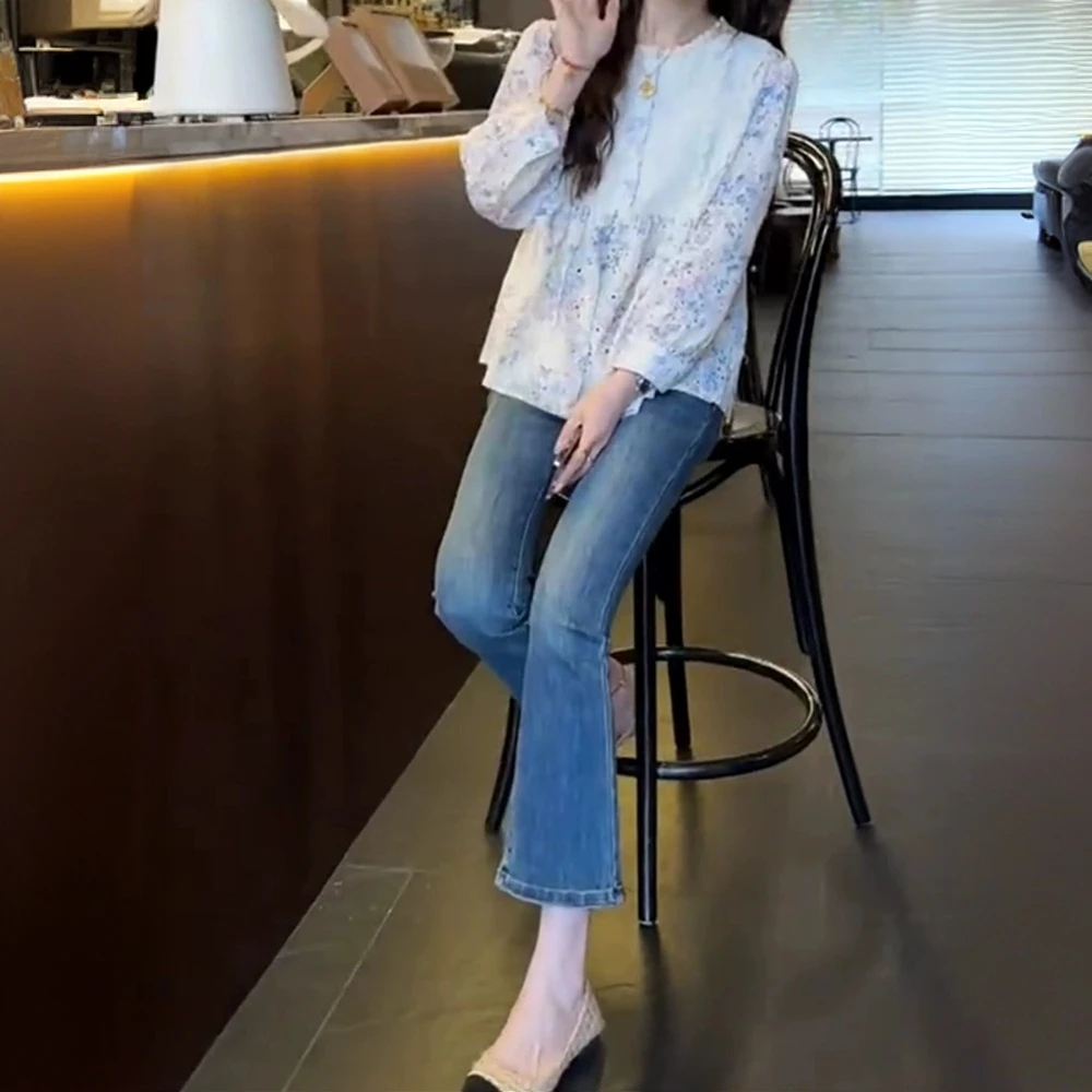 2025春季新款高腰显瘦修身直筒马蹄裤大码百搭复古九分微喇叭裤子