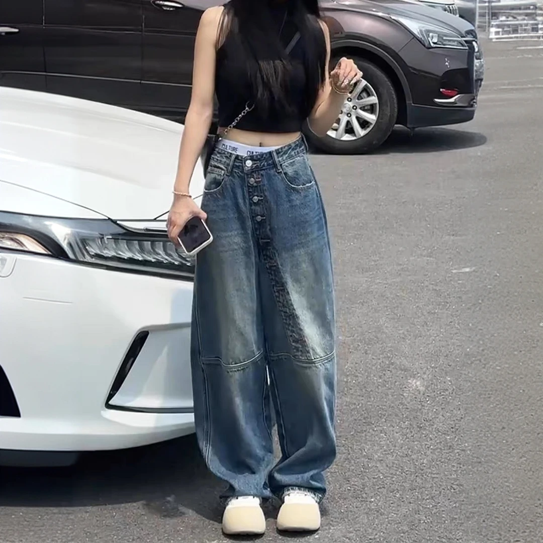 美式设计感阔腿牛仔裤女2025秋季新款高腰宽松百搭显瘦直筒拖地裤