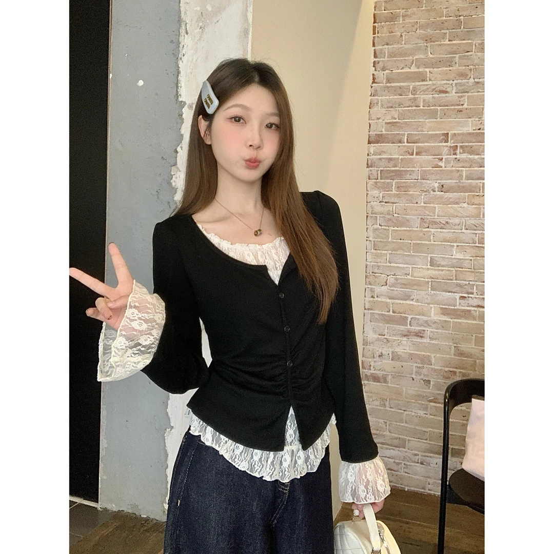 【晴子】2025秋季胖MM韩系穿搭蕾丝拼接假两件内搭打底衫T恤女