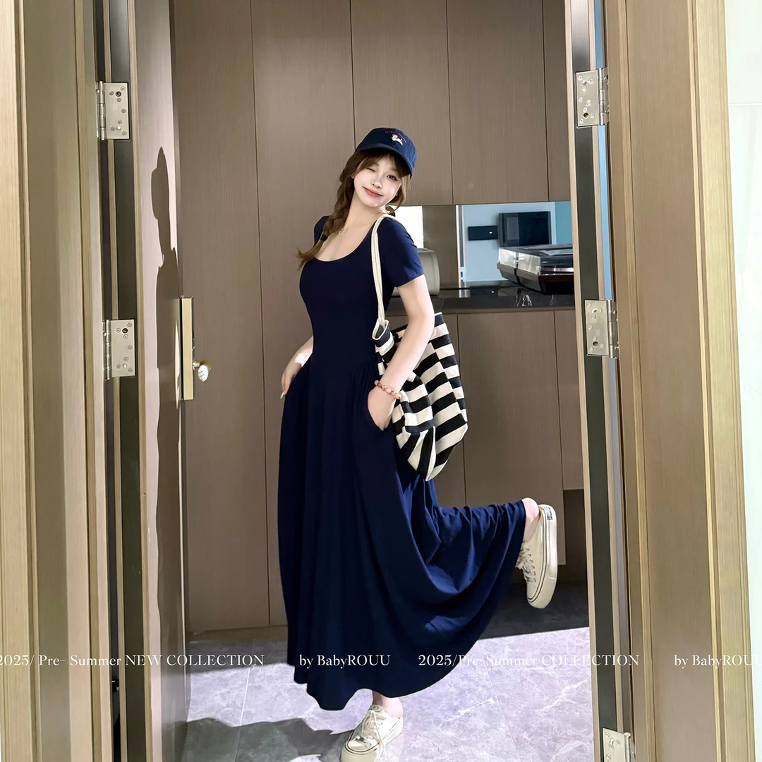 【松弛晚风】 温与柔粉色连衣裙女夏方领短袖高腰露腰大摆裙长裙