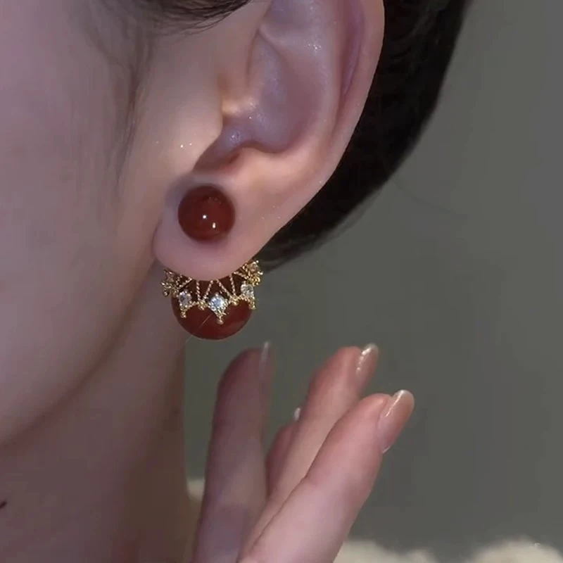 铜合金仿珍珠耳饰 【新疆包邮】艾米B415一款两戴气质红色百搭耳钉