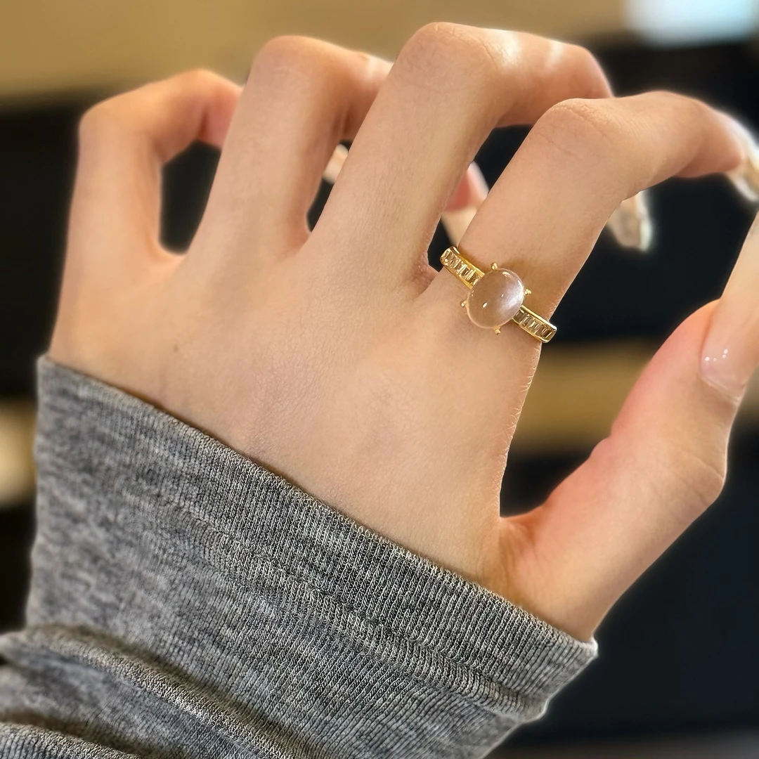 天然粉水晶戒指国标S925银镶嵌开口可调节