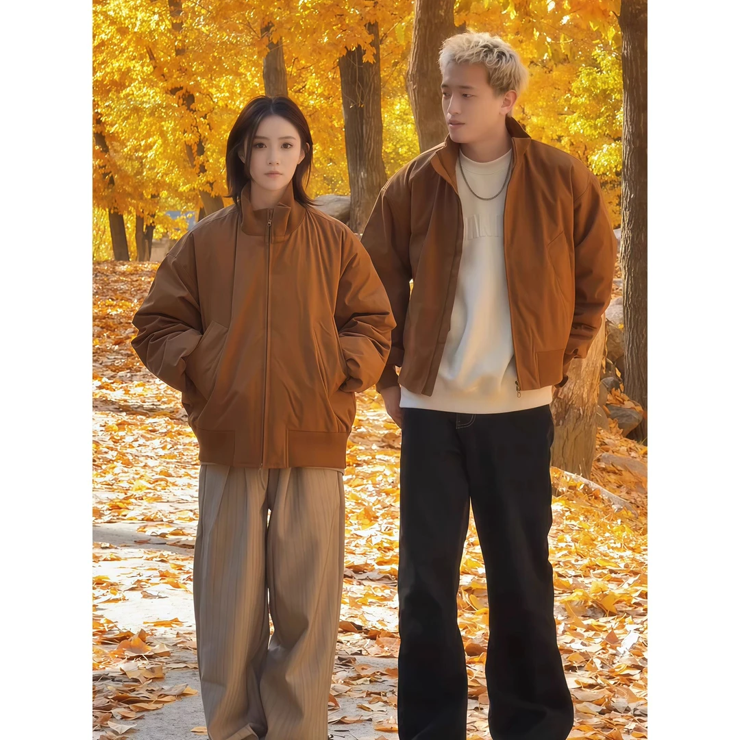 美拉德棕色立领飞行夹克棉服男秋季短款外套棉衣美式bomber棒球服