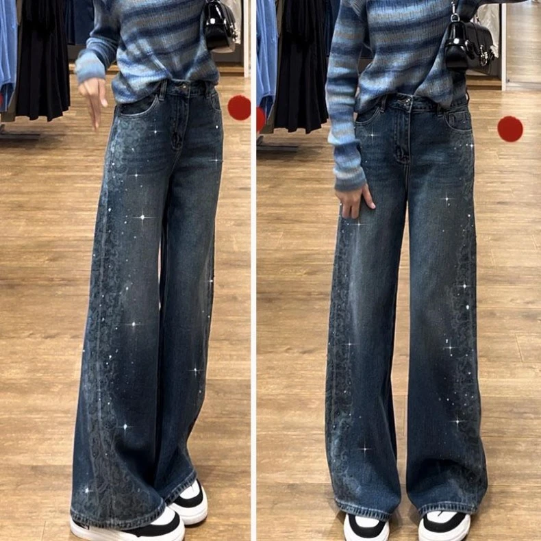 大码复古蓝色烫钻直筒牛仔裤女胖mm秋季高腰宽松显瘦设计感阔腿裤