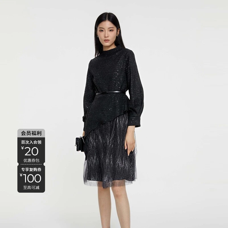 S·DEER时尚轻奢百搭休闲设计师黑色显瘦优雅女装连衣裙S231Z1233