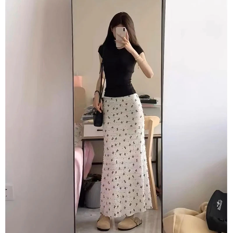 【2个长度】韩系秋季度假蝴蝶结蕾丝碎花显瘦鱼尾半身裙纯欲长裙子