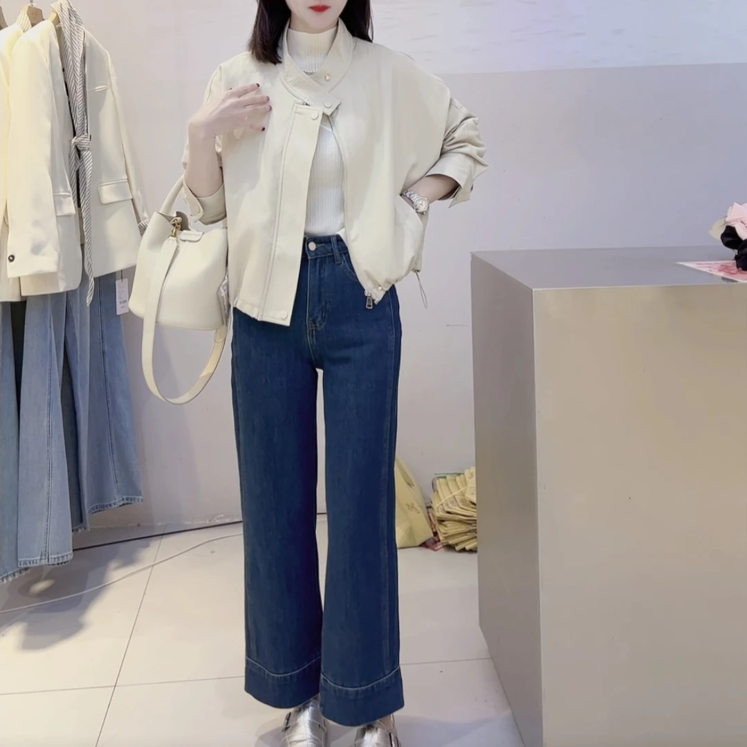 【腿精】简约百搭裤脚两穿小直筒四面弹牛仔裤