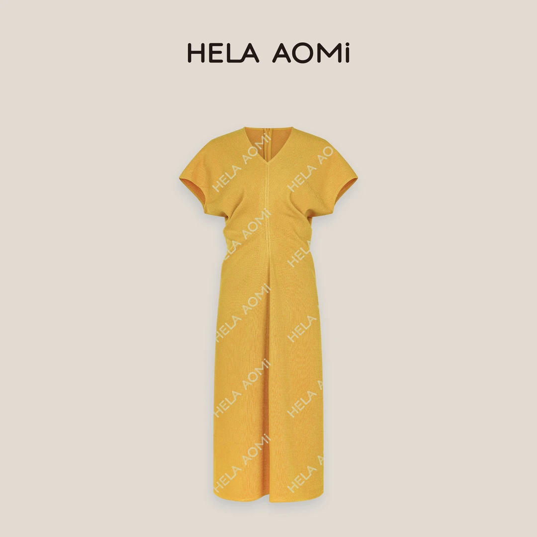 HELAAOMI “姜黄优雅”醋纤褶皱连衣裙套头优雅气质长裙CY5BN72110