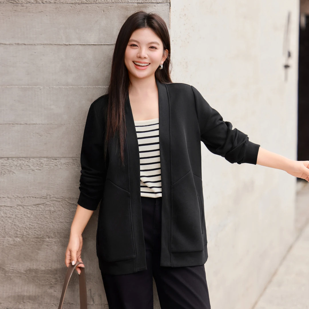 【现货】MsShe大码女装秋冬装慵懒V领无扣开衫式卫衣外套M2508029