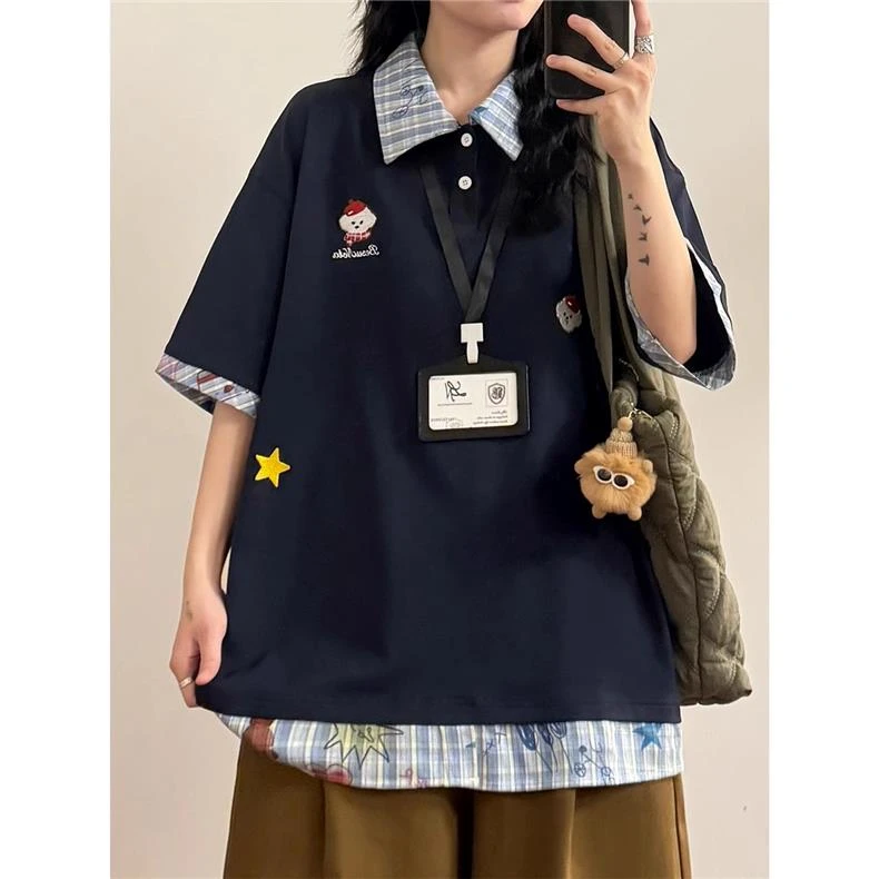 学院风300斤加大码复古格子拼接POLO衫夏季男女卡通刺绣短袖上衣2