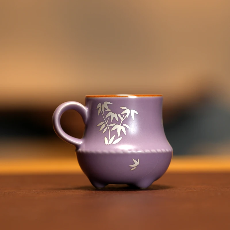 紫气东来 紫色描银竹小客杯陶瓷带把手小杯创意主人杯 福利 c0484