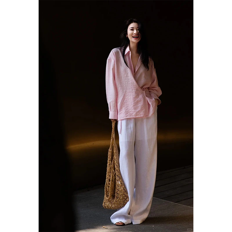 开秋小众穿搭斜门襟洋气法式休闲百搭长袖衬衫高腰休闲显瘦阔腿裤