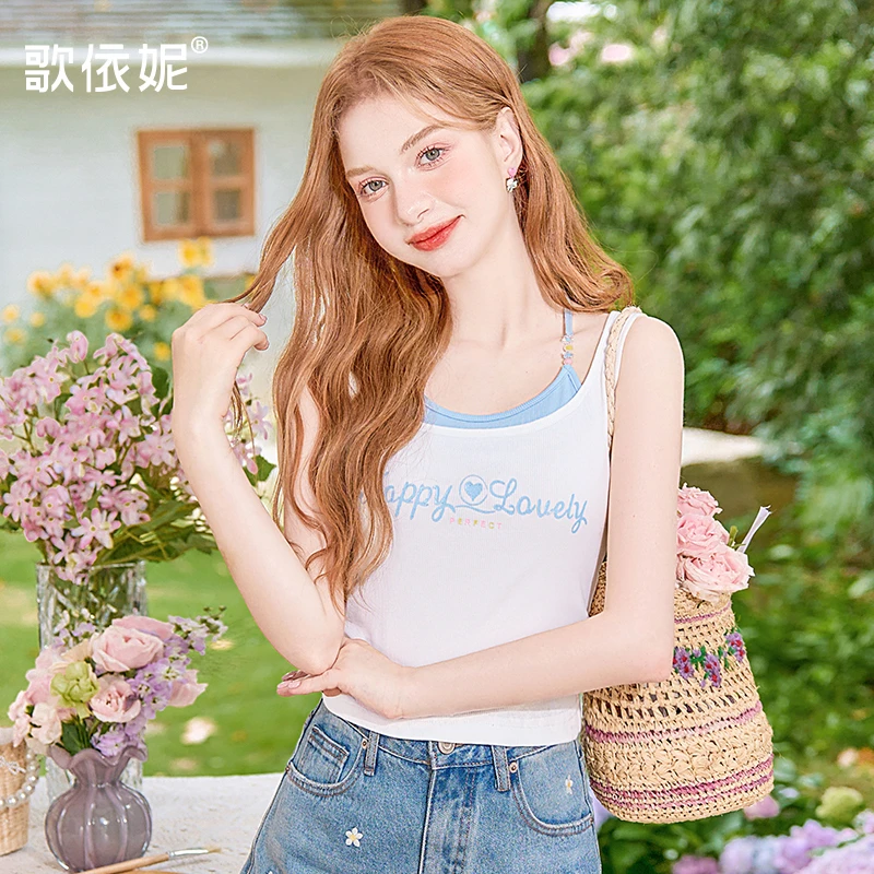 夏季新款女甜美叠穿假两件设计感外穿小吊带挂脖背心针织无袖上衣