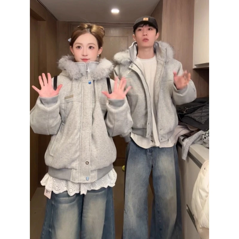 麻灰色座山雕毛领外套男冬季情加厚保暖棉服美式复古重磅连帽棉衣