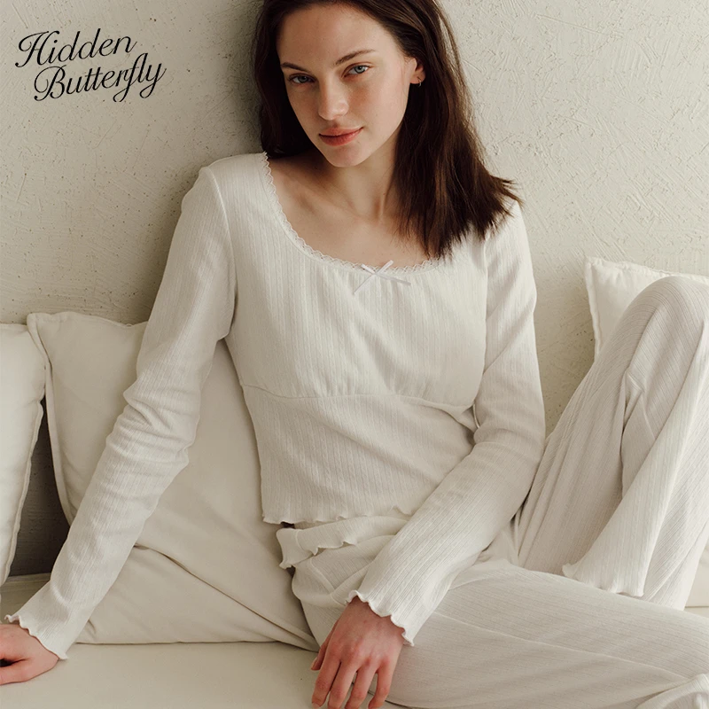 Hidden Butterfly 肌理感软糯纯棉蕾丝木耳边 舒适家居服睡衣套装