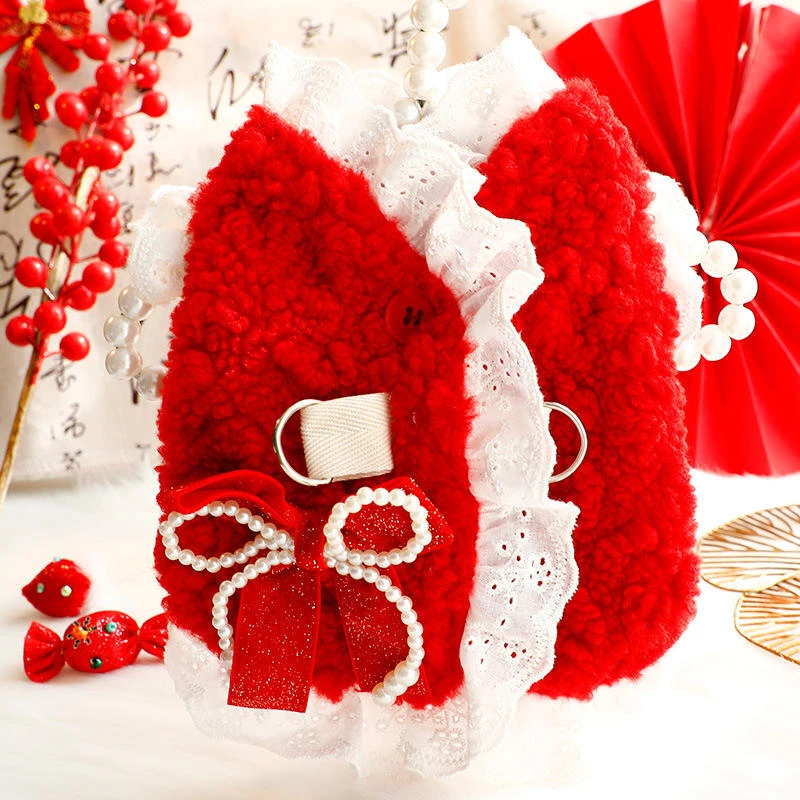 狗狗衣服秋冬装加厚羊羔毛猫咪公主棉衣新年服双扣牵引小型犬背心