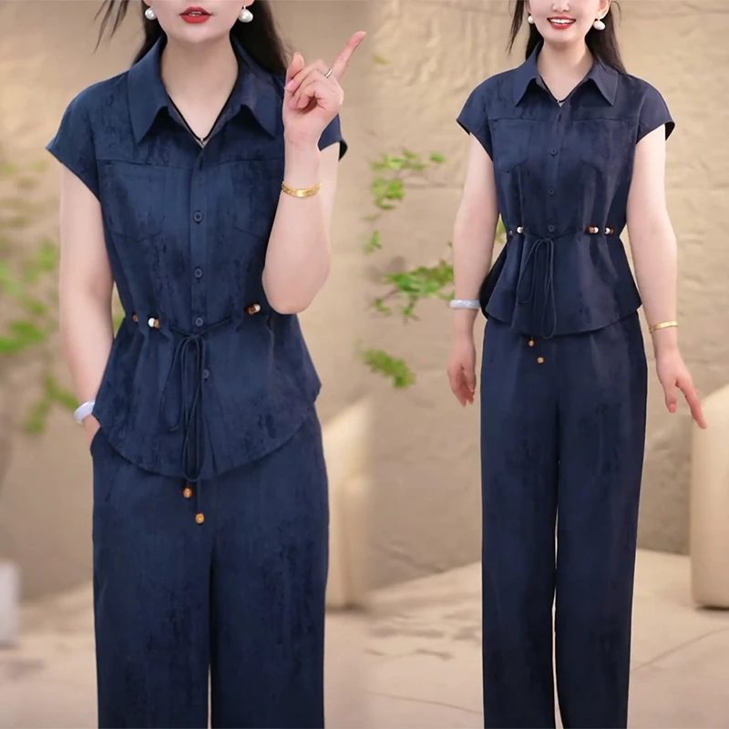 简约洋气贵气套装2025夏季显瘦高级感上衣休闲长裤两件套