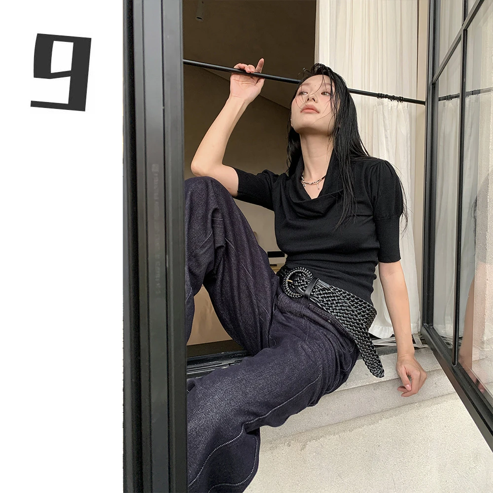 小众法式荡领泡泡袖针织衫女 2025秋季显瘦百搭上衣女设计感
