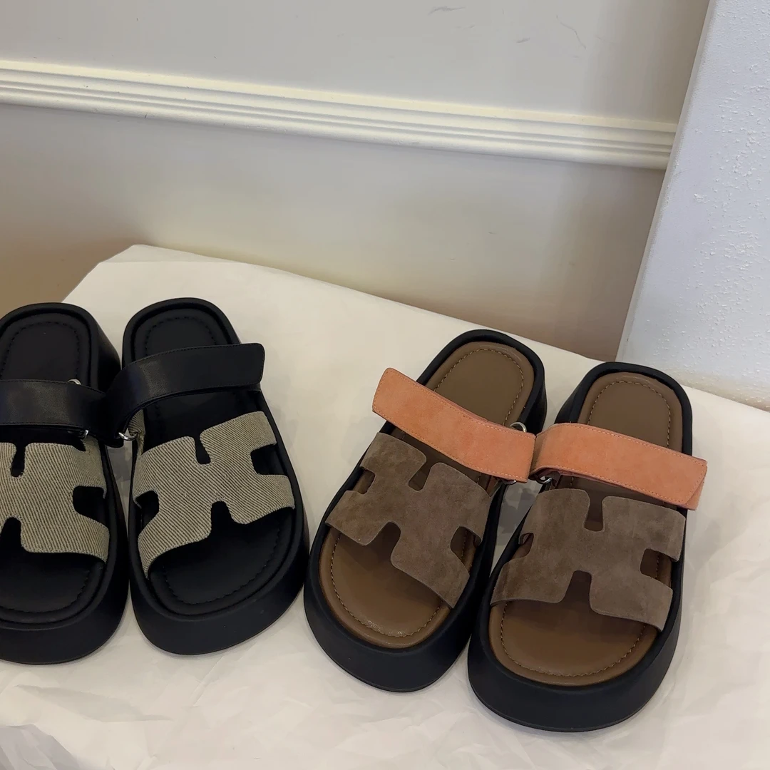 【王二今】牛皮/4CM/厚底增高二舅博肯拖鞋一脚蹬魔术贴半托鞋女