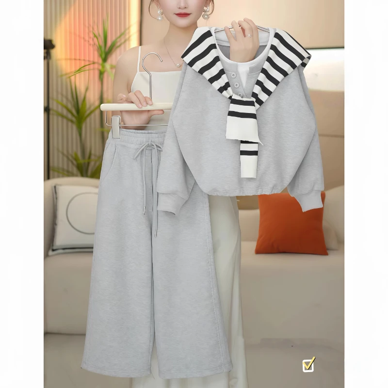 女童条纹披肩卫衣阔腿裤套装春秋2025新款休闲假两件上衣运动服潮