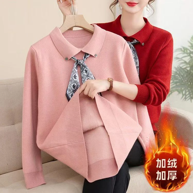 妈妈装冬季加绒加厚翻领丝巾中老年女2025一体绒打底衫YD25221