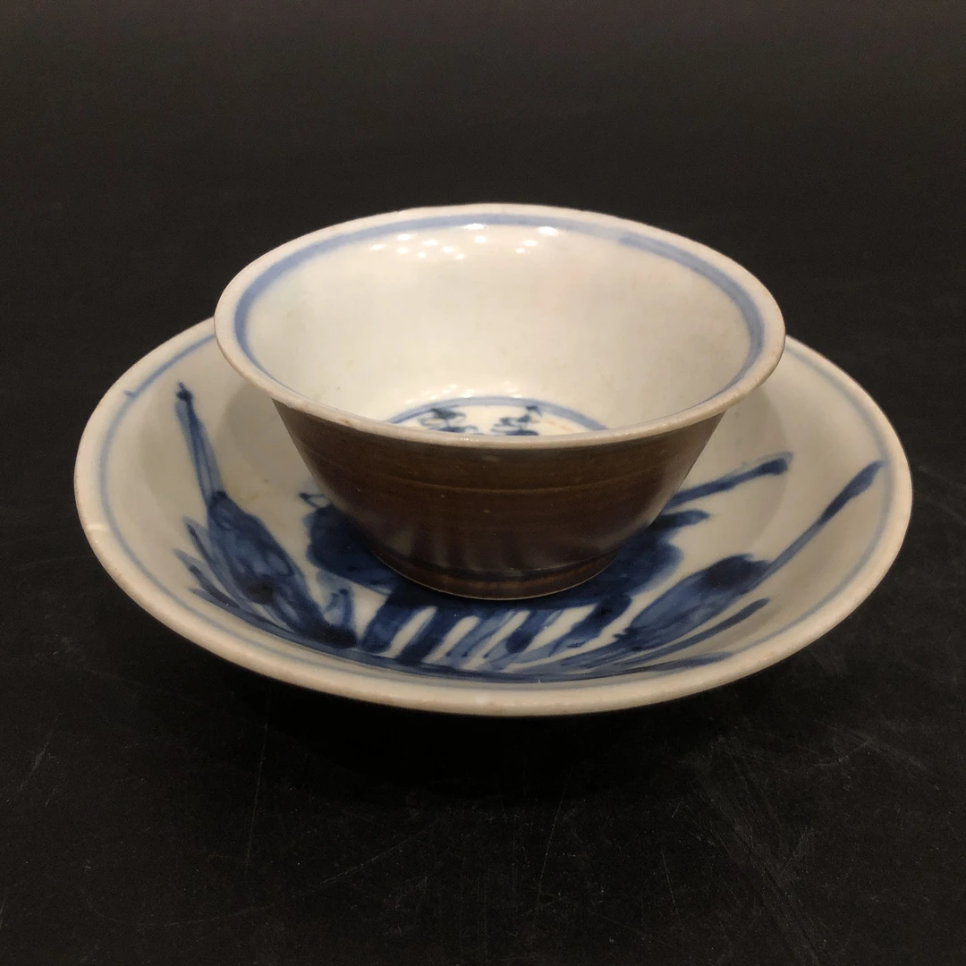 25101006清康熙紫金青花花卉纹杯碟 碟直径11.5cm杯高3.8cm