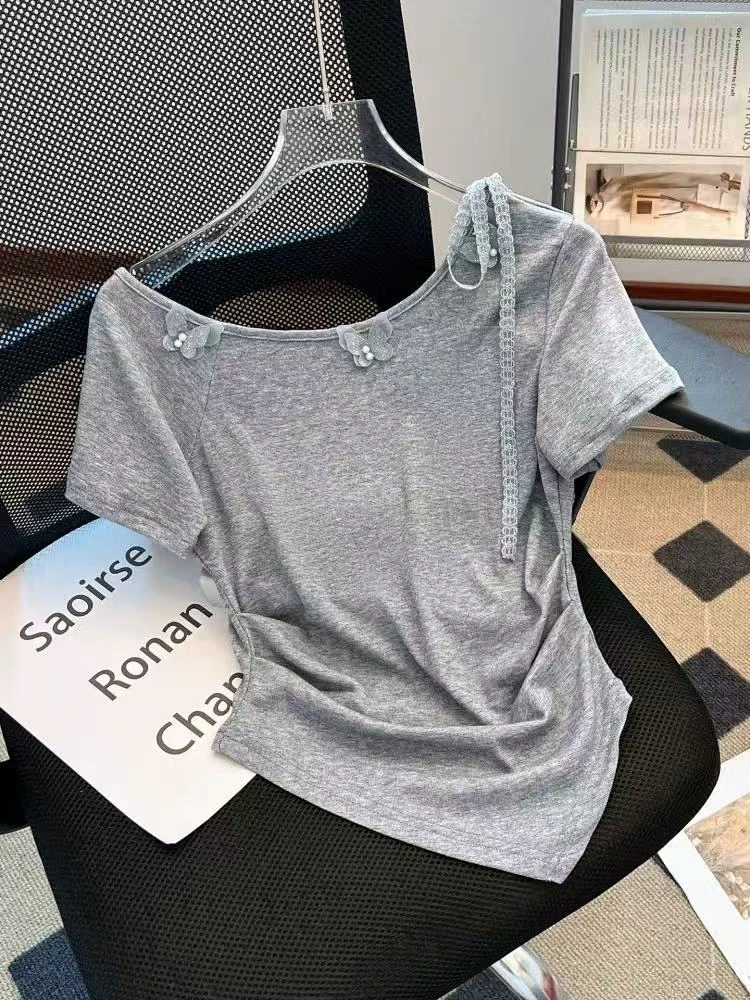 12151#一字领时尚百搭显瘦不规则短袖T恤【B12-1