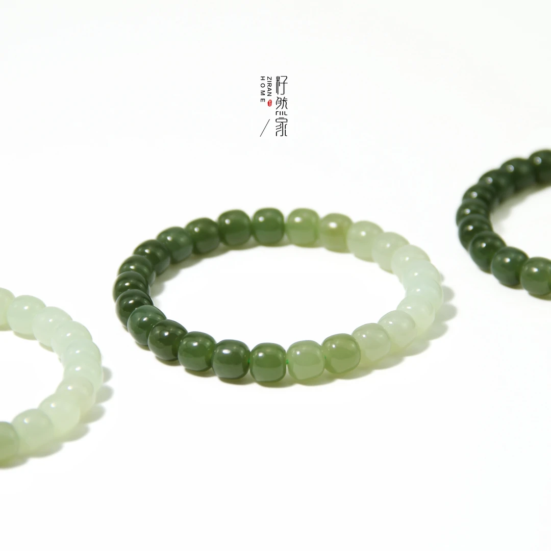 天然新疆和田玉若羌青黄口渐变鼓珠单圈手串8mm（多样性发其一）