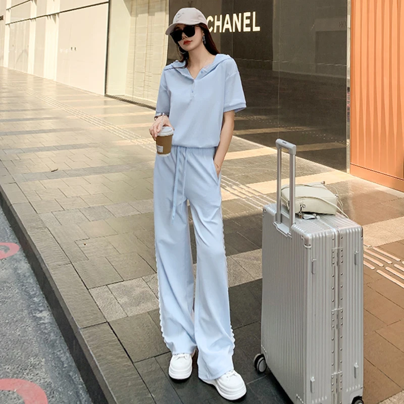 女夏季新款韩版时尚休闲运动套装连帽短袖卫衣高腰阔腿裤两件套