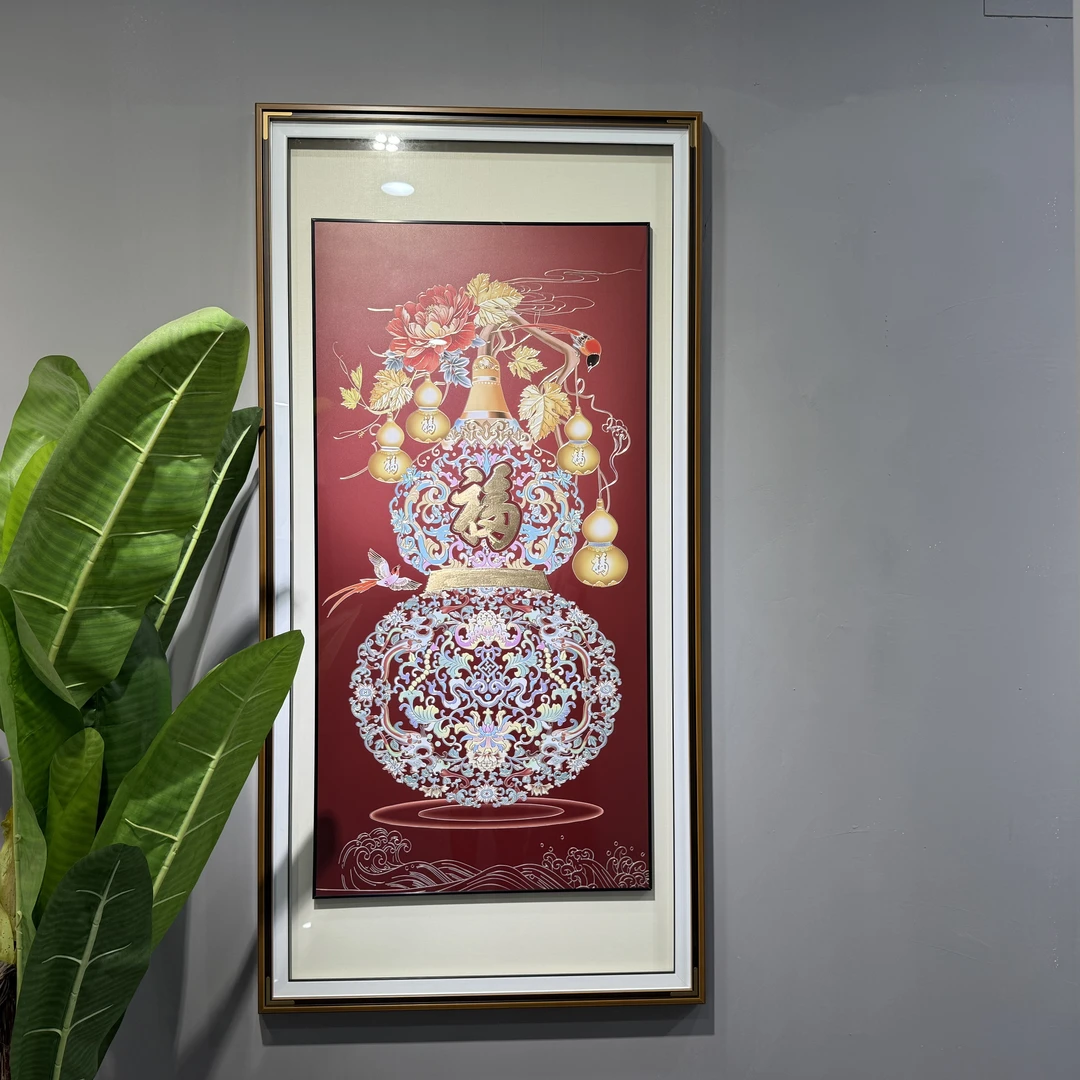 五福临门铜板雕刻高端中式玄关装饰手工画入户走廊过道挂画