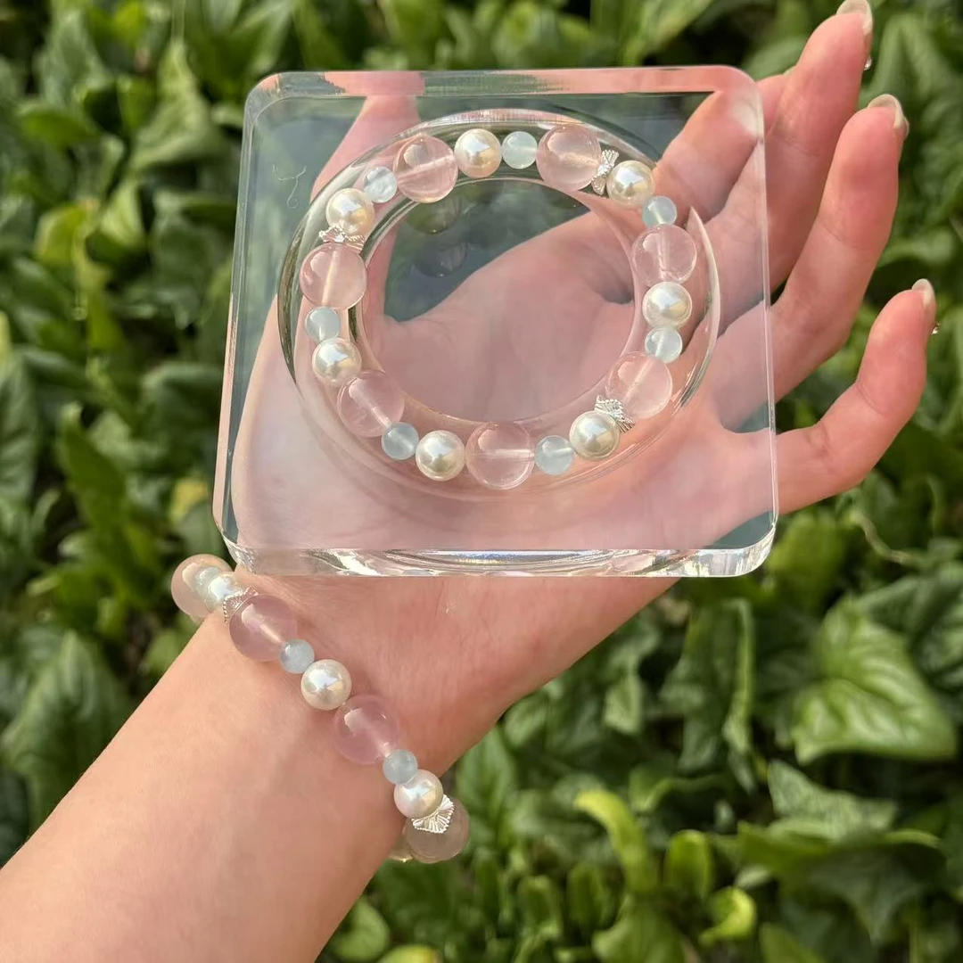 【月海樱汐】粉水晶 海蓝宝 设计款手串