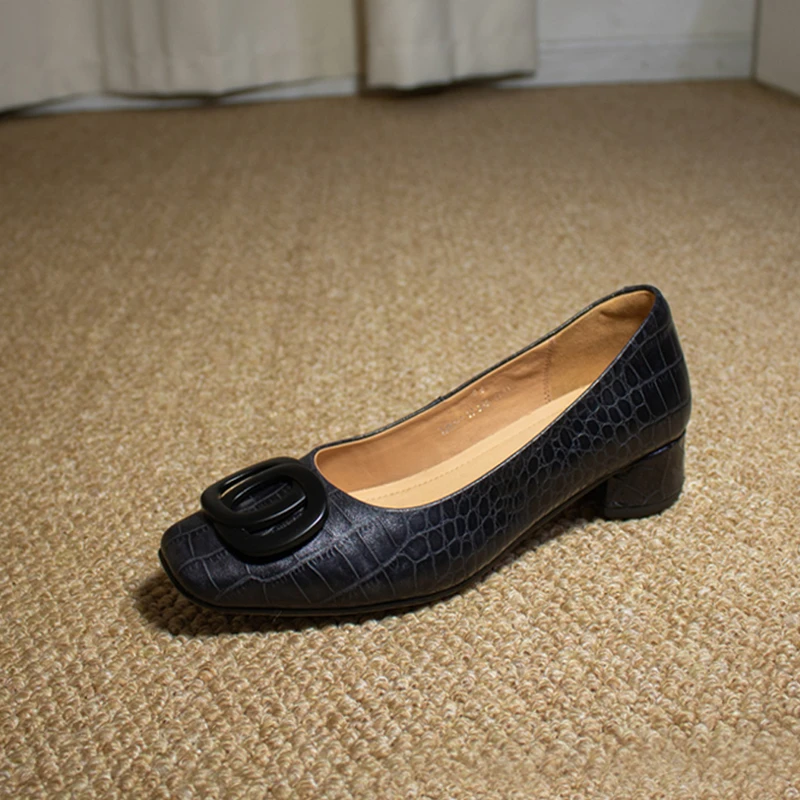 真皮断码清仓单鞋女春季新款复古百搭中跟软底浅口方头粗跟女鞋