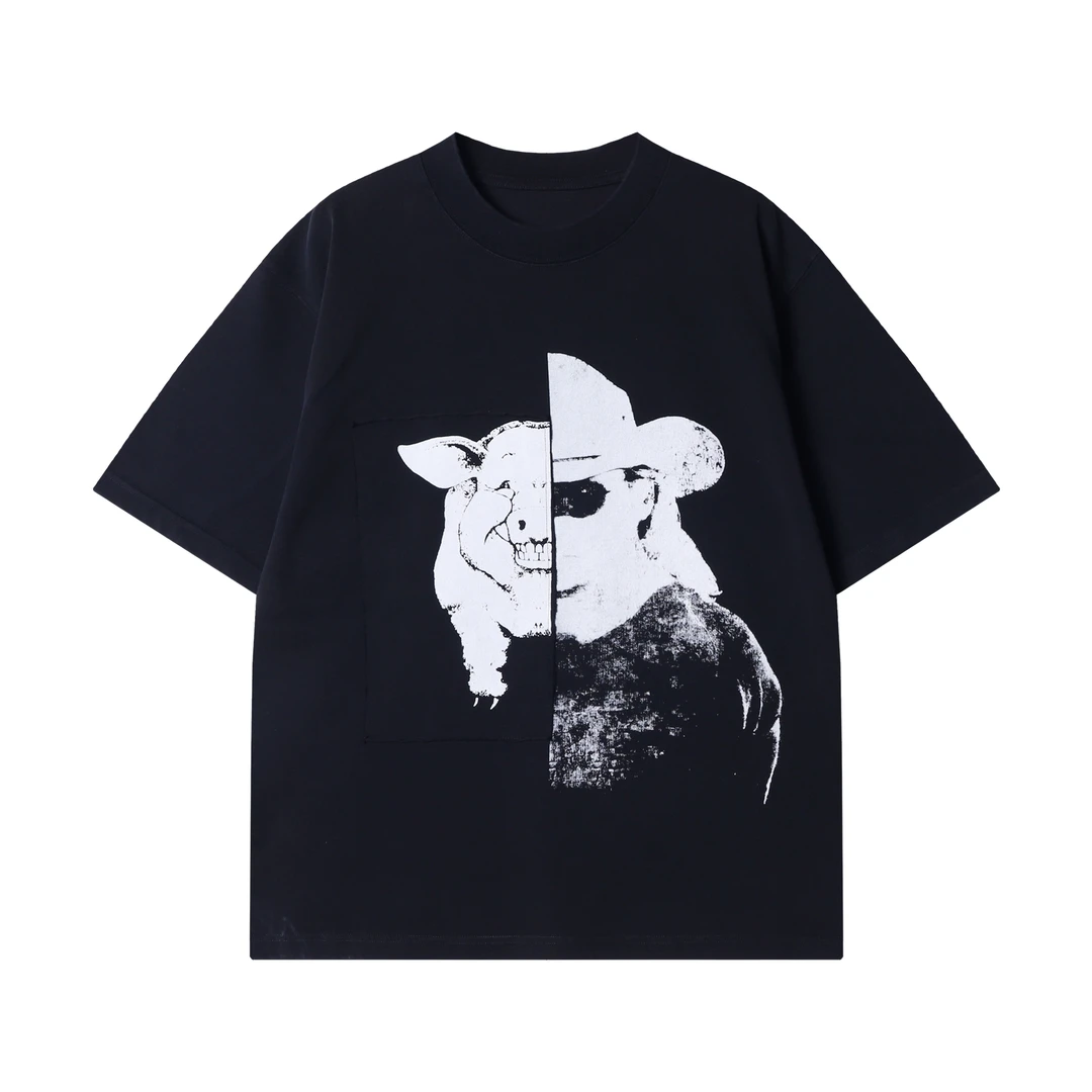 夏季新款时尚个性美式猪人拼接印花圆领短袖T恤高街潮流百搭上衣