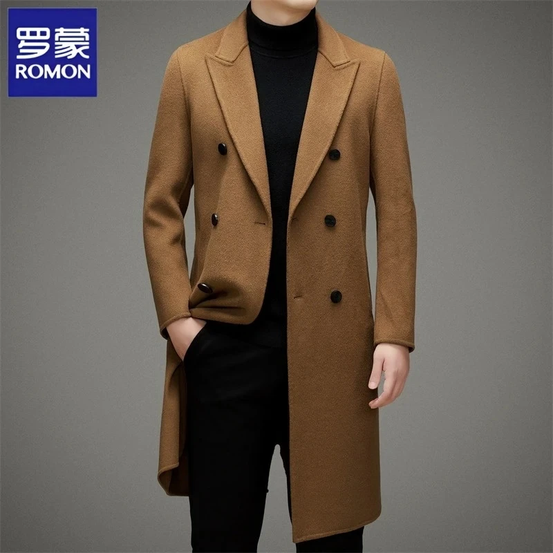 罗蒙秋冬新品加厚款男士长款大衣西装领羊毛呢子风衣气质毛衣
