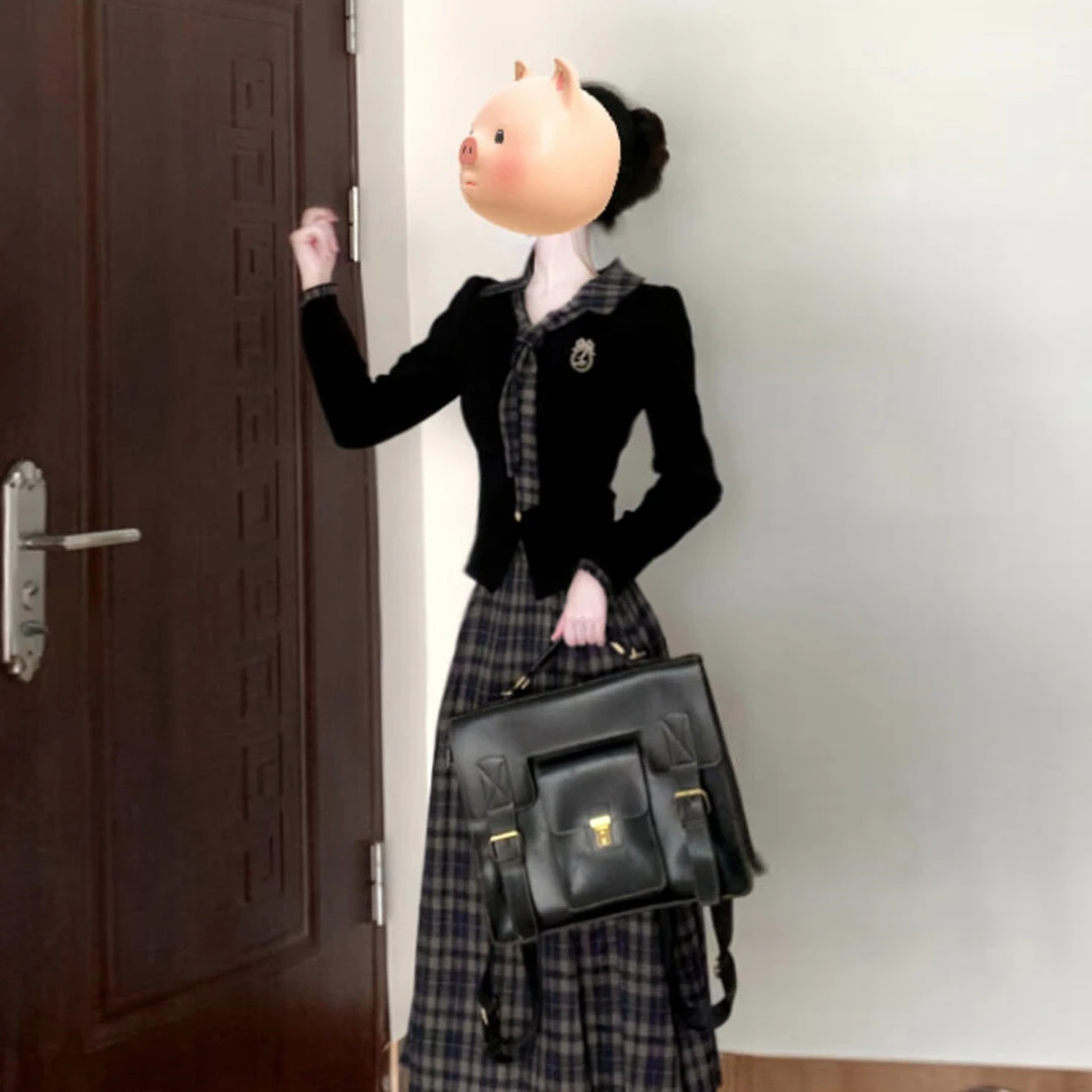 2025新款韩系学院风黑色长袖格纹连衣裙子女早秋季高级感长裙套装