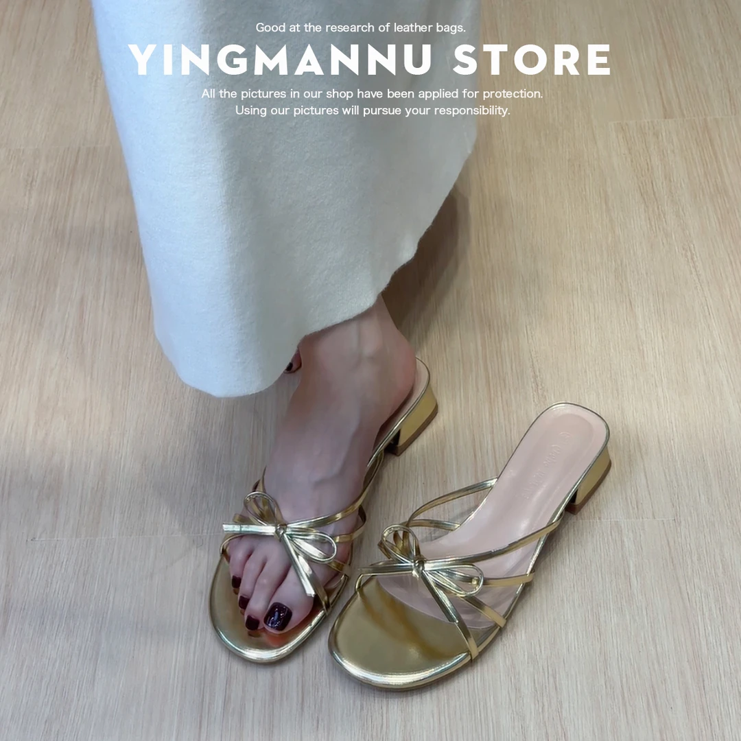 法式甜美蝴蝶结百搭小粗跟2025夏季外穿露趾罗马凉拖鞋女