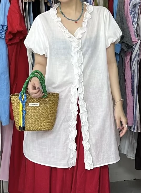 夏季新款文艺木耳边白色短袖衬衫气质女士衬衣