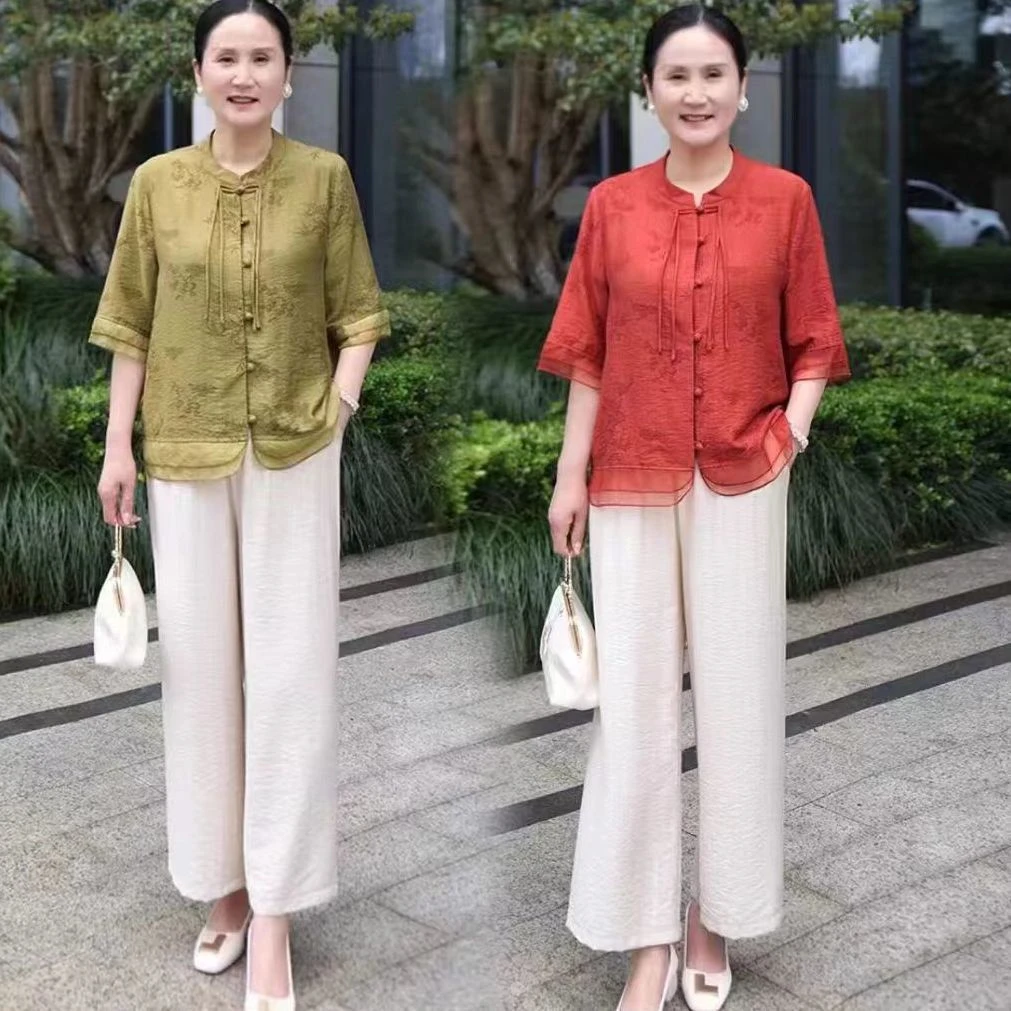 中老年妈妈中国风套装女夏季新款新款衬衫显瘦阔腿裤仿棉麻两件套