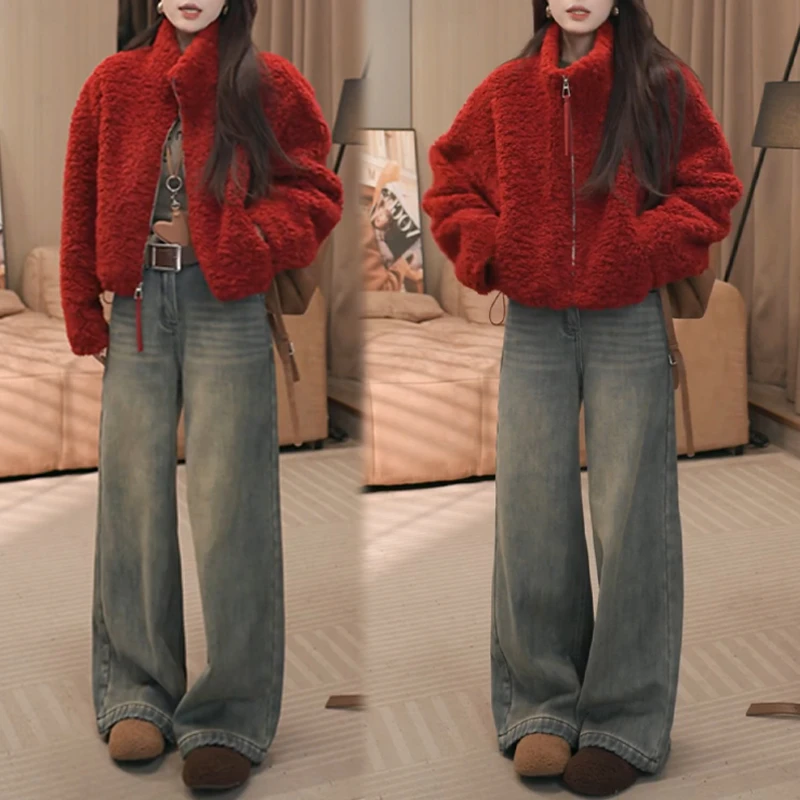 韩系一整套穿搭女2025冬季新款时尚简约风长袖外套牛仔裤减龄套装