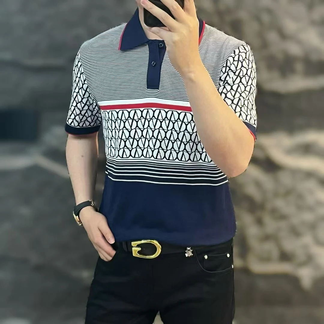 新款高端男士潮流百搭个性图案条纹休闲短袖POLO衫8087