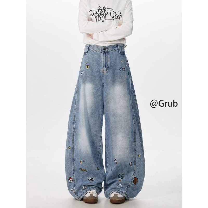 美式卡通刺绣牛仔裤男女春秋cleanfit弯刀裤子水洗宽松阔腿长裤潮