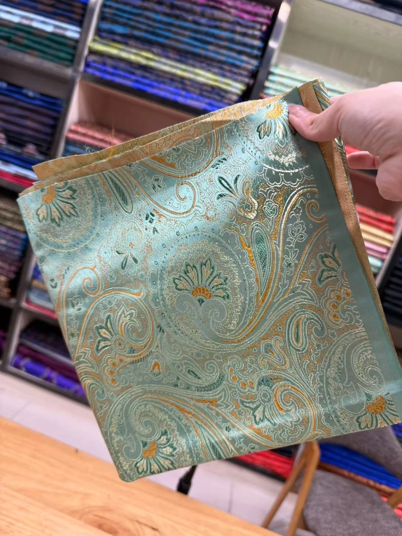 【一米包邮】水蓝卷草纹凤尾提花织锦缎布料面料少数民族服饰藏袍