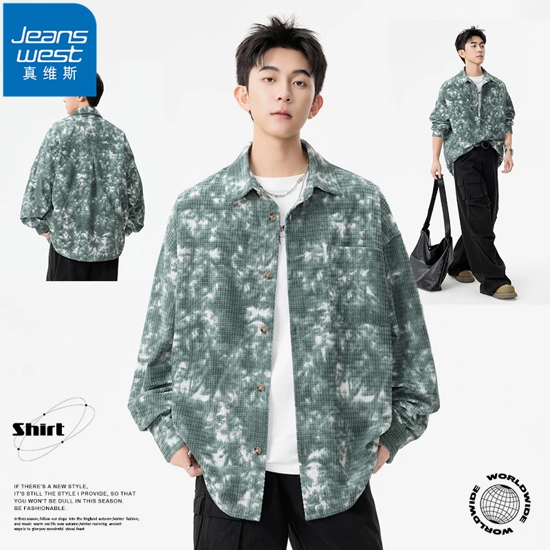 Jeanswest/真维斯大码日系衬衫男春秋季扎染宽松复古百搭长袖衬衣